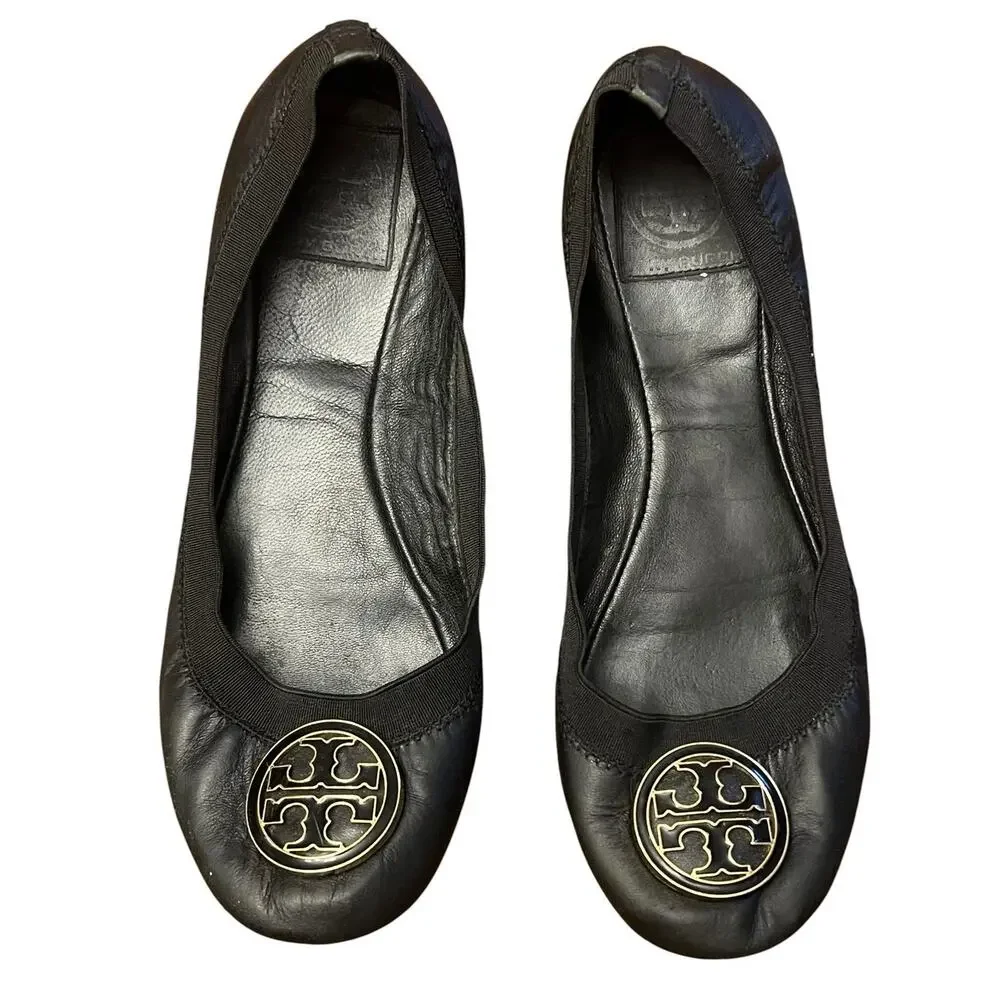 Tory Burch Reva Ballet Flats Black Leather Double T Logo Sz 7.5